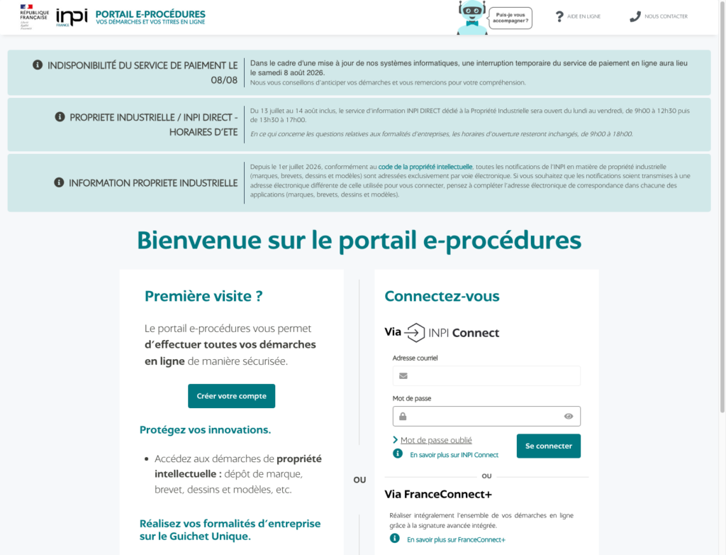 Guichet unique: вход через INPI Connect или FranceConnect+