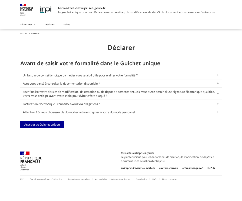 Guichet unique: экран «Déclarer» с чек-листом перед подачей