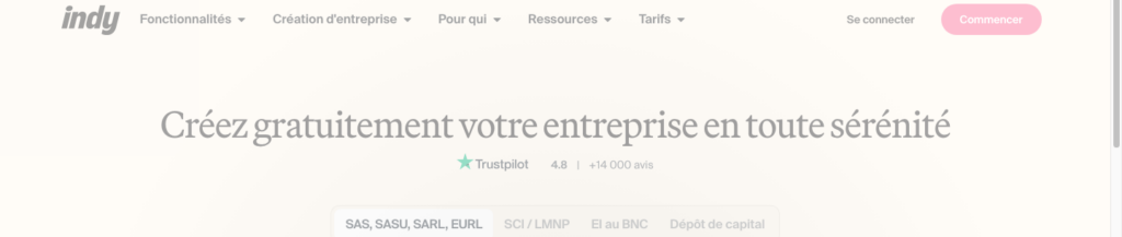 Indy: страница «Créez gratuitement votre entreprise» — выбор формы