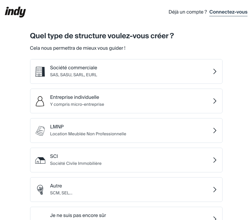 Indy: выбор типа структуры — Société commerciale, Entreprise individuelle (включая micro-entreprise), LMNP, SCI