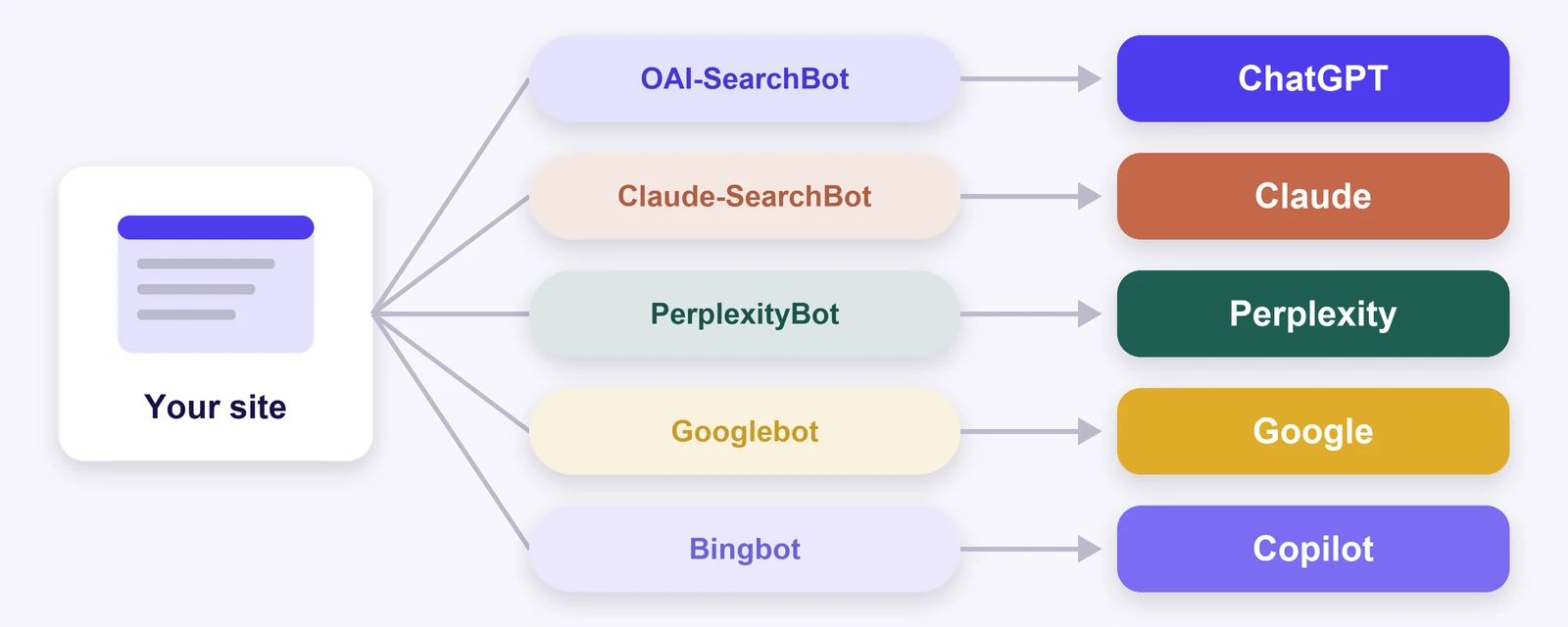 Five crawlers read your site: OAI-SearchBot for ChatGPT, Claude-SearchBot for Claude, PerplexityBot for Perplexity, Googlebot for Google and its AI answers, Bingbot for Bing and Copilot