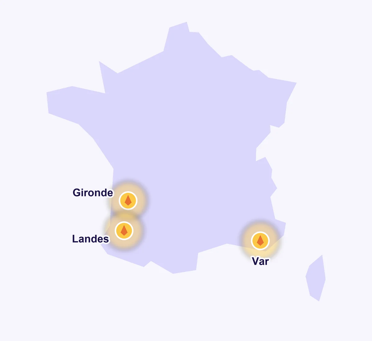 Carte schématique de la France avec la Gironde, les Landes et le Var mis en évidence